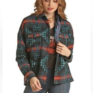 Rock & Roll Denim Western Aztec Button-Up Shirt Jacket, Size L Shacket Cowgirl